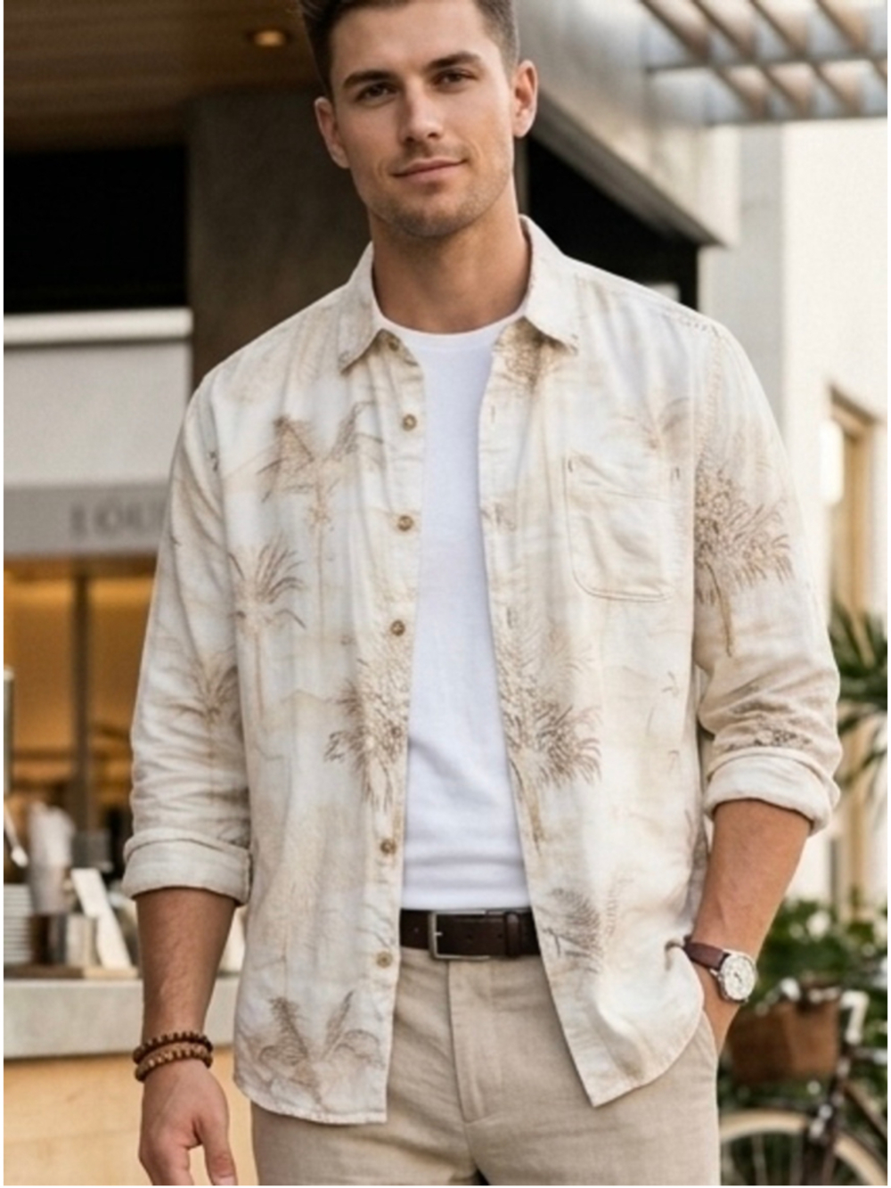 Men's Tommy Bahama Casual Button Down Shirt Size L Beige White Palm Print 1920